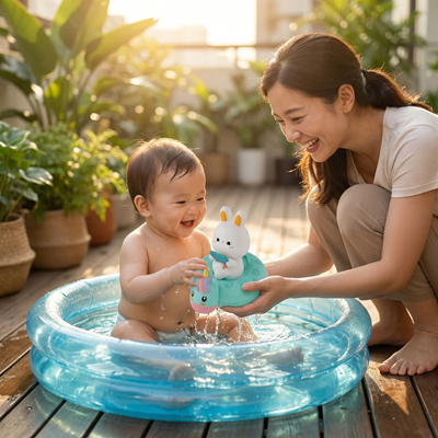 maman tend jouet de bain a bebe dans piscine gonflable