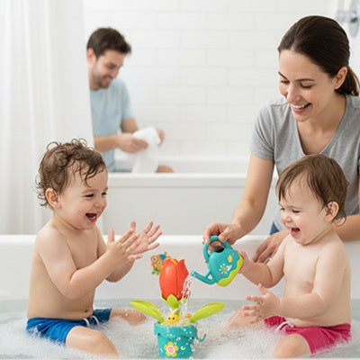 maman tient arrosoir verse eau jouet baignoire bebe