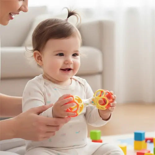 maman tient bébé assis qui tient hochet jaune orange