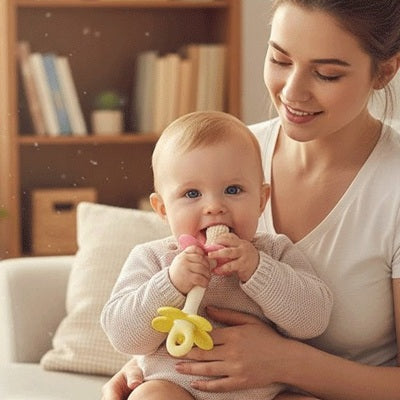 maman tient bebe avec anneau dentition bebe dans bouche