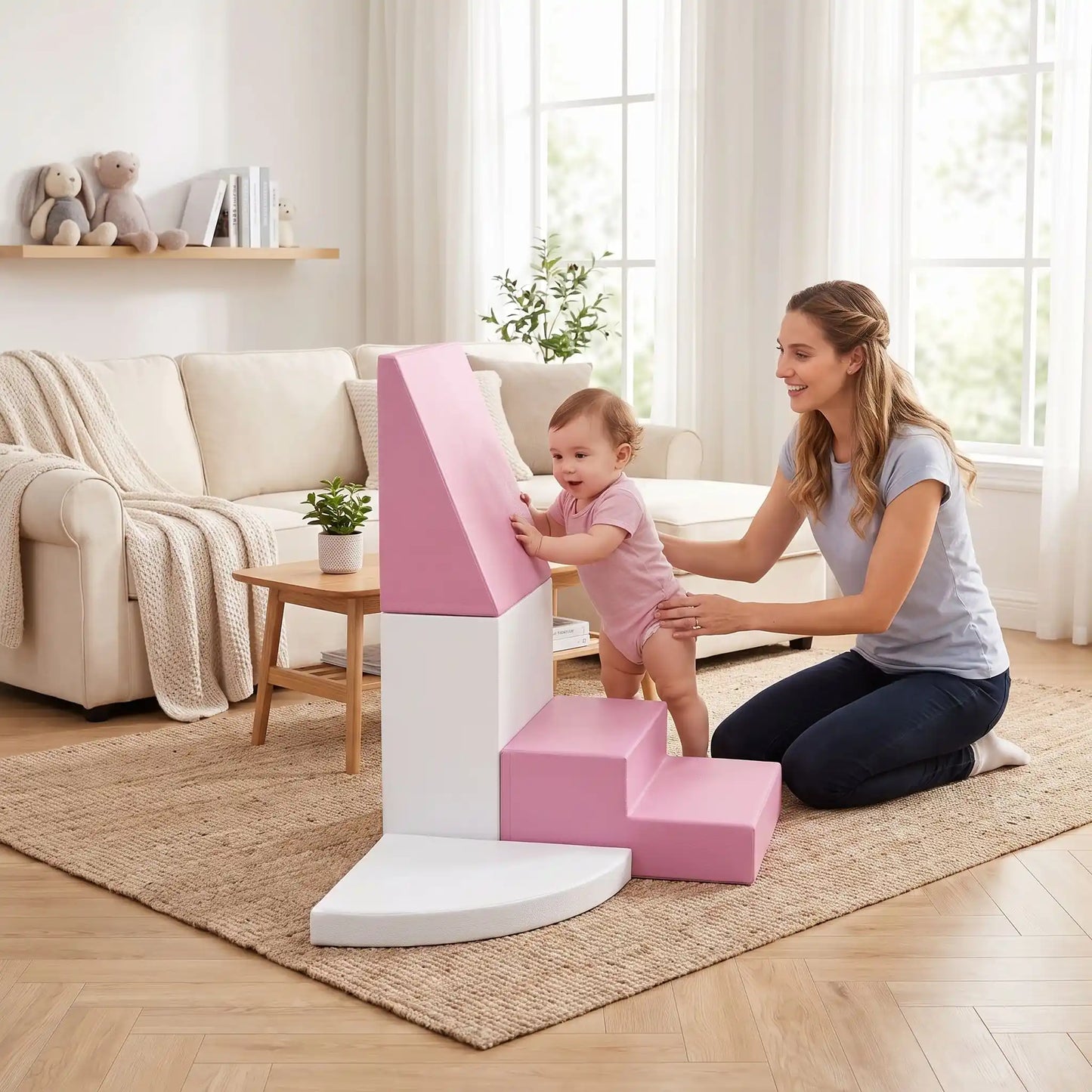 maman tient bébé debout devant parcours motricité bebe