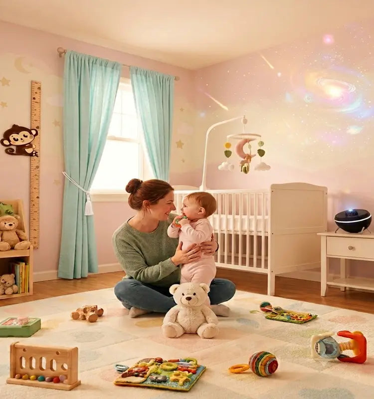 maman tient bébé debout tapis anneau dentition bouche veilleuse éclaire