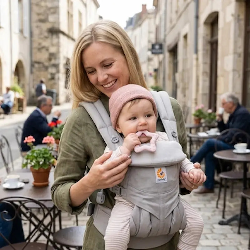 maman tient bébé porte bébé mord anneau dentition bébé étoile