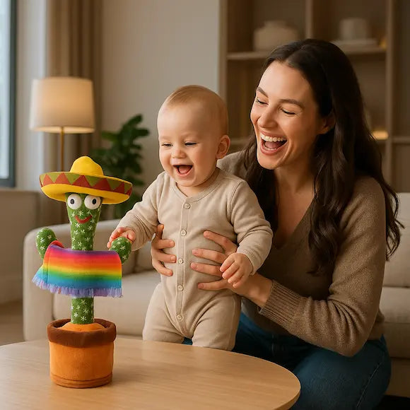 maman tient bébé rit devant peluche interactive cactus dansant