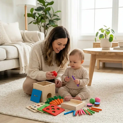 maman tient boule rouge bebe tient bâton cube d'activite bebe