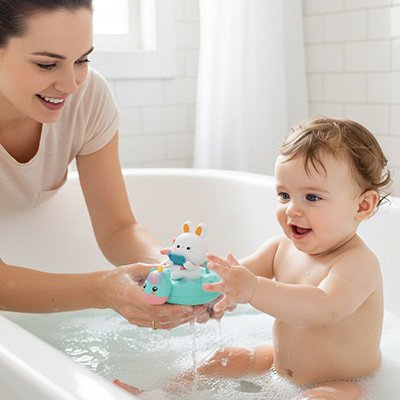 maman tient jouet de bain lapin bebe dans leau touche