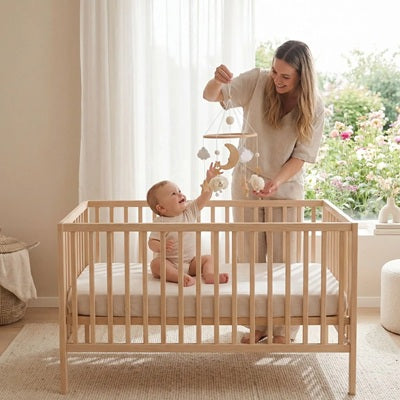 maman tient mobile bebe au dessus tete bebe regarde joyeusement