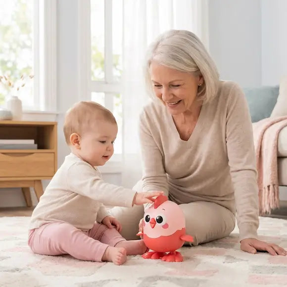 mamie assis tapis bébé assis touche jouet bebe poussin rose