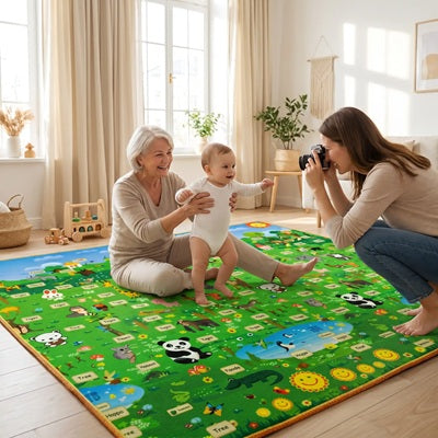 mamie tient bebe debout tapis de jeu bebe maman photographie