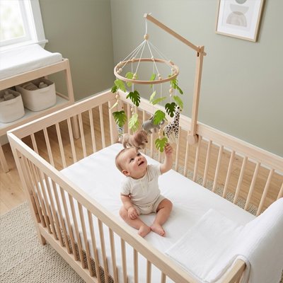 Mobile pour bébé installe berceau bébé assis regarde animaux suspendus