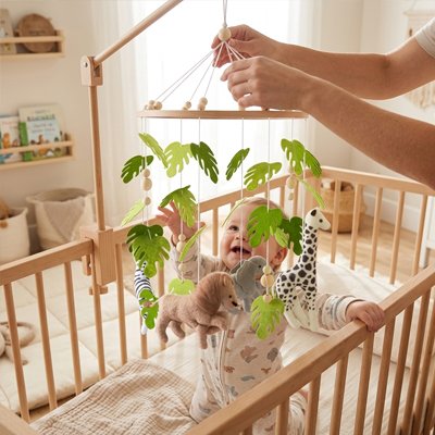 Mobile pour bébé maman installe berceau bebe regarde hochets suspendus 