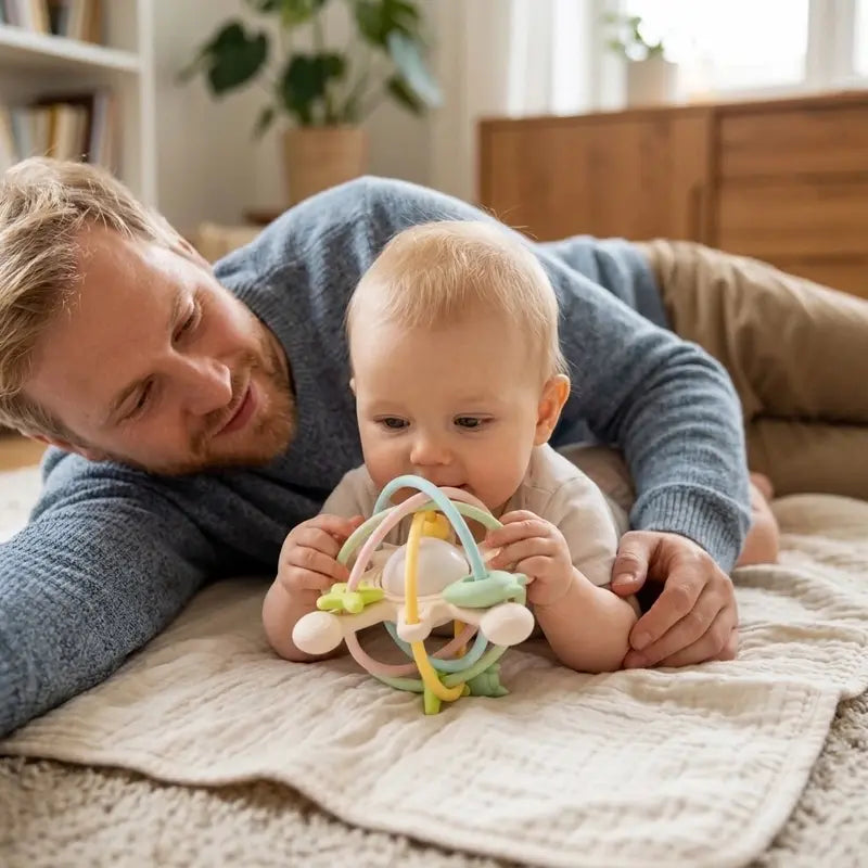papa allongé bébé tummy time tient hochet bébé