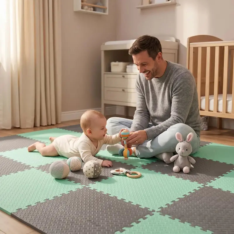 papa assis tapis mousse puzzle joue bébé tummy-time