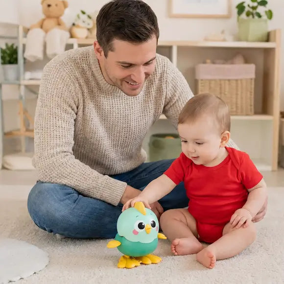papa bébé assis tapis touche jouet bebe poussin vert