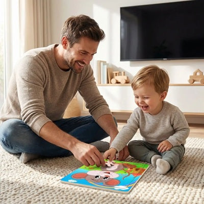 papa garcon joyeux assis tapis salon jouent puzzle bois