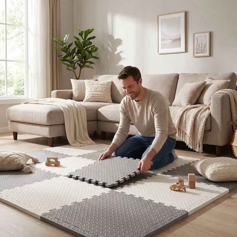 papa installe tapis en mousse puzzle salon devant canapé