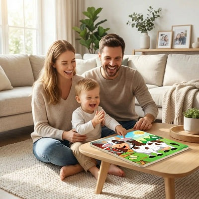 papa maman garcon assis tapis salon joue puzzle bois vache