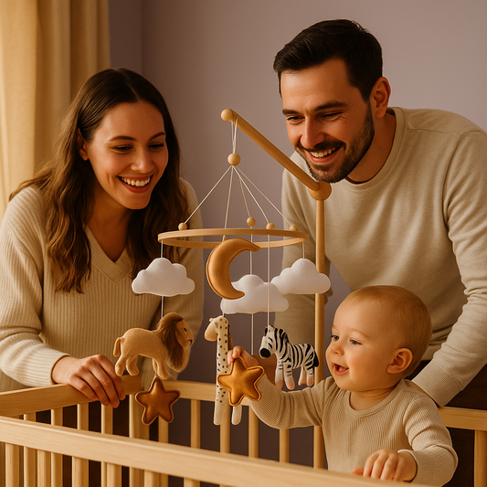 papa maman regarde bebe jouer avec mobile lit bebe