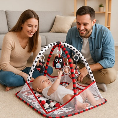 papa maman regardent bebe allonge tapis d eveil joue