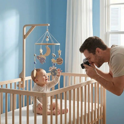 papa photographie bebe jouant mobile bebe assis berceau