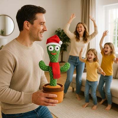 papa tient peluche interactive cactus bebe de noel enfants dansent