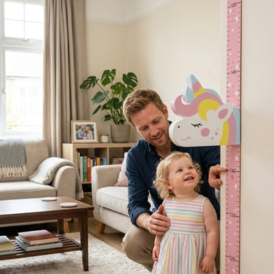 papa tient petite fille regarde toise enfant licorne