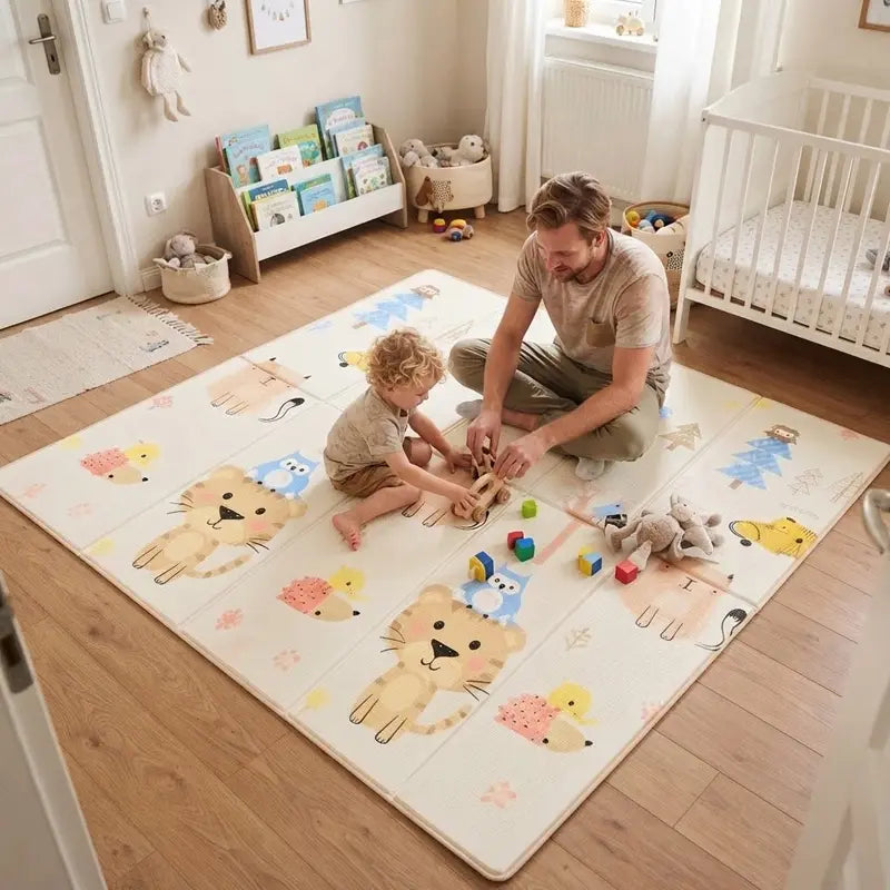 papa tout petit jouent ensemble assis tapis motricité bébé