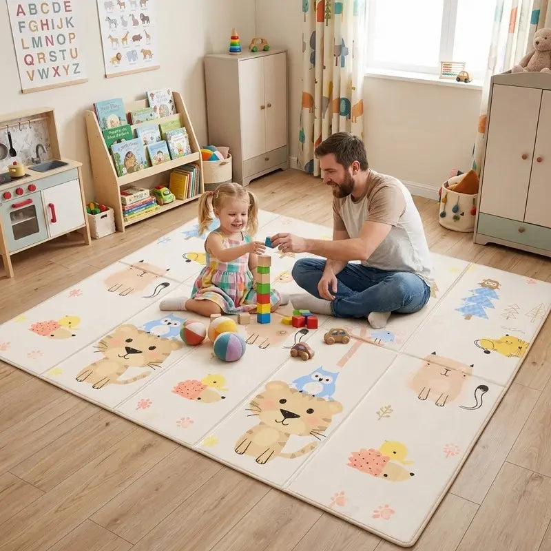 papa toute petite assis tapis motricité bébé jouent ensemble