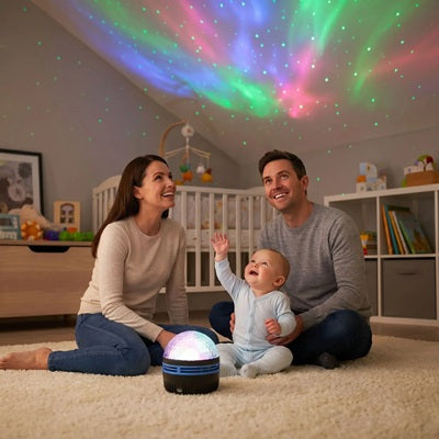 parents bebe assis chambre bebe regardent plafond veilleuse projection bebe
