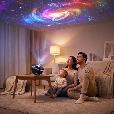 parents bebe regardent assis tapis voie lactee veilleuse projection bebe