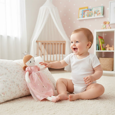 peluche doudou posee contre oreiller bebe assis tapis tient sophie