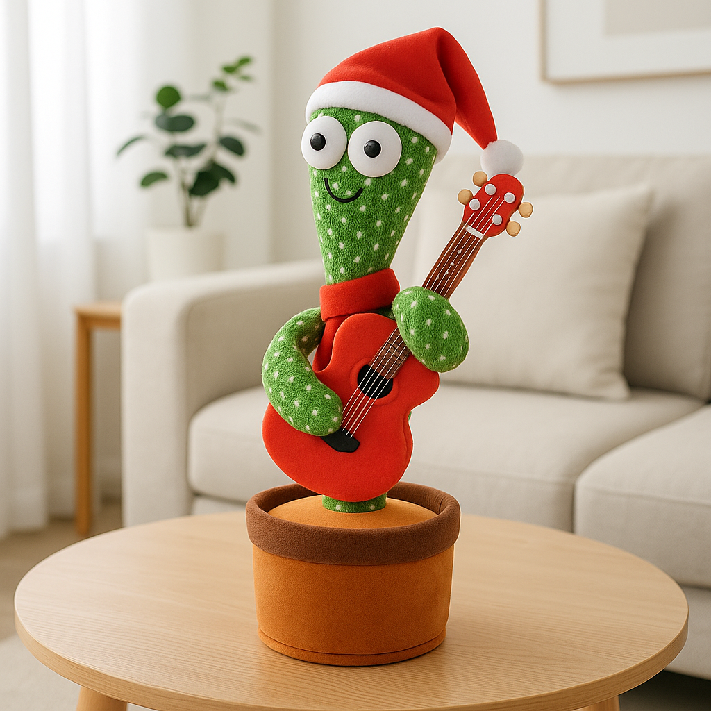 peluche interactive cactus de noel sur petite table salon