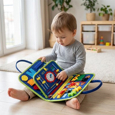 petit garcon assis parquet joue busy board bebe bleu