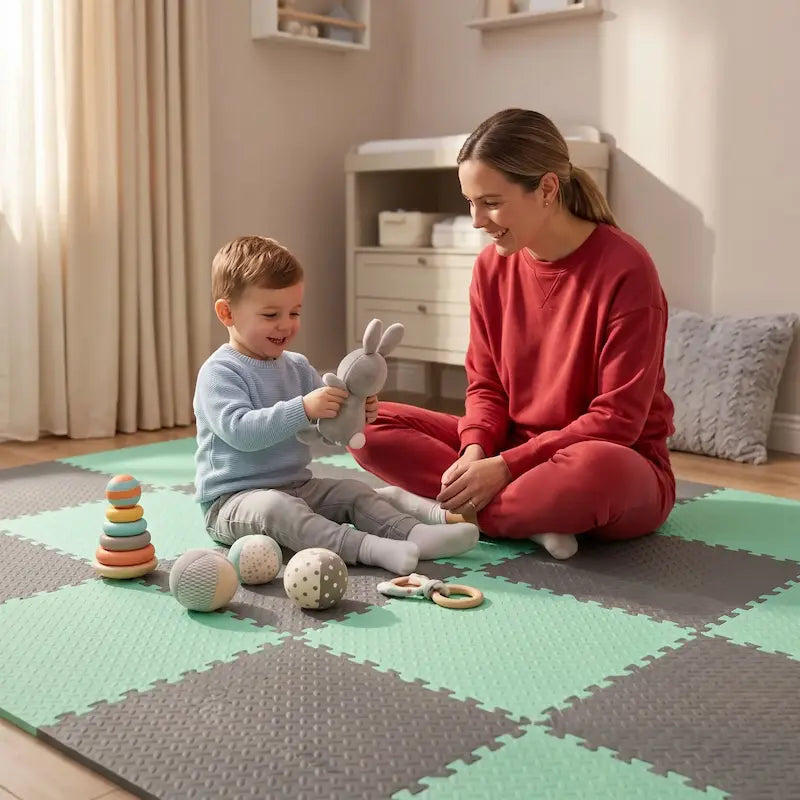 petit garçon assis tapis mousse joue peluche maman regarde