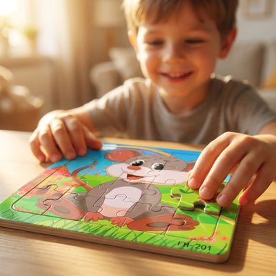 petit garcon place derniere piece puzzle bois souris
