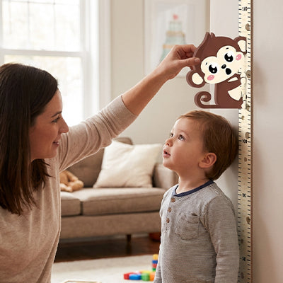 petit garcon regarde toise enfant singe maman mesure grandeur