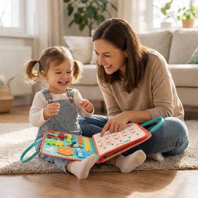 petite fille 24 mois regarde busy board bebe avec maman
