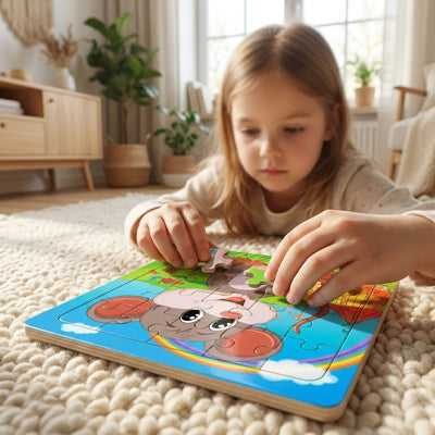 petite fille allongee tapis joue puzzle bois souris