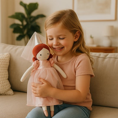 petite fille assise canape salon caline peluche doudou tendrement