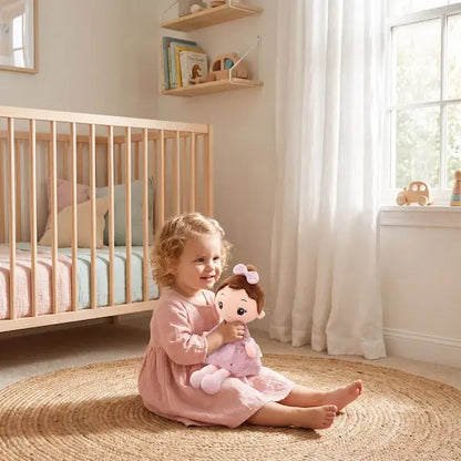 petite fille assise chambre joue poupée de chiffon robe parme