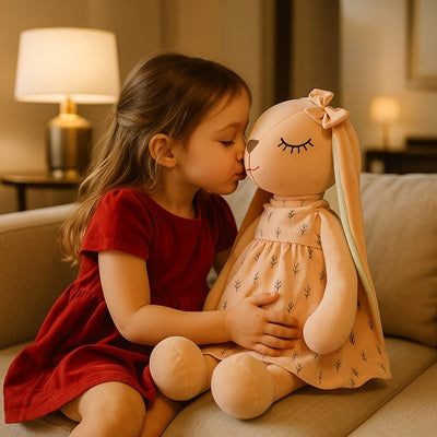 petite fille assise donne bisou peluche lapin