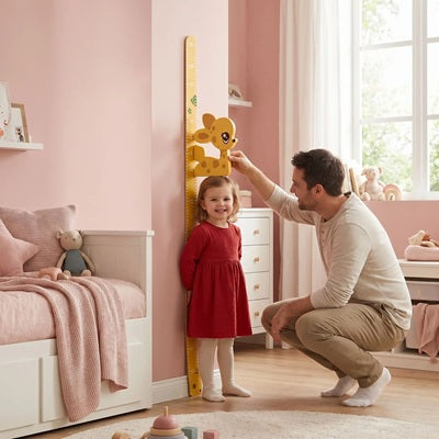 petite fille debout dos contre toise enfant papa mesure
