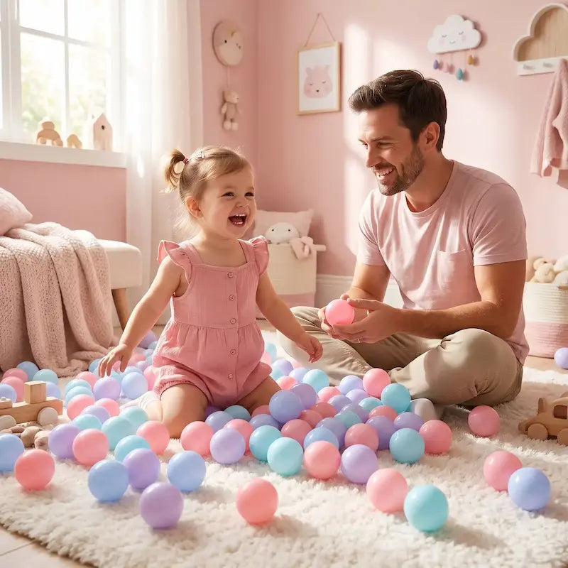 petite fille joue balles piscine à balles tapis papa balle