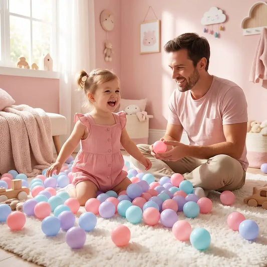 petite fille joue balles piscine à balles tapis papa balle