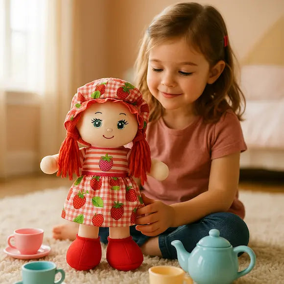 petite fille joue poupée de chiffon chambre