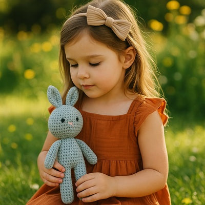 petite fille tient lapin doudou dans jardin