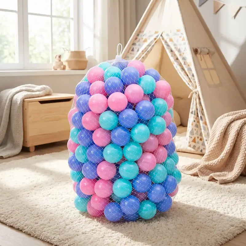 sac filet balles piscine à balles pastel tapis chambre