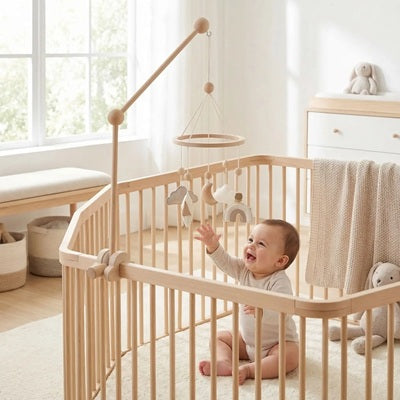 support en bois pour mobile fixe parc bebe assis joue