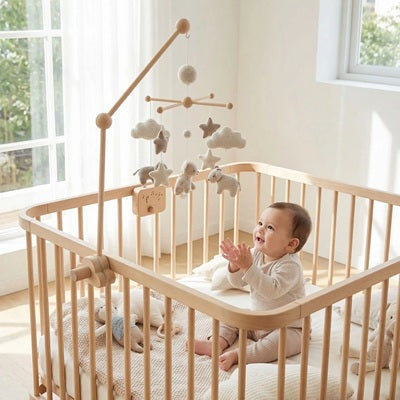 support en bois pour mobile fixe parc bebe tape mains