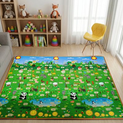 Tapis de jeu bébé panda installé salle jeux 